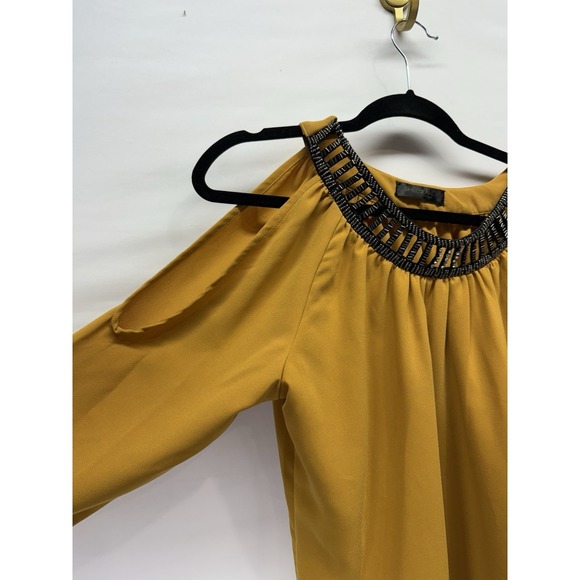 ShecZar Mustard Yellow Beaded Embellished Blouse Womens 2XL Plus Size Dressy Top - Picture 2 of 9